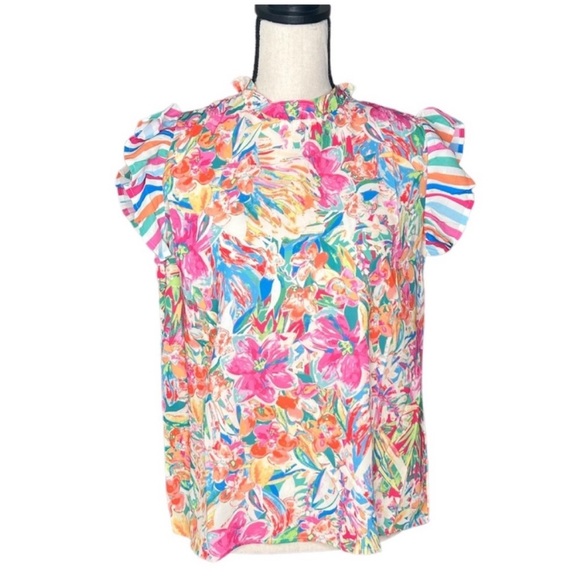 Flying Tomato Colorful Ruffle Floral Print Top Sizes Small-Large - Picture 6 of 12